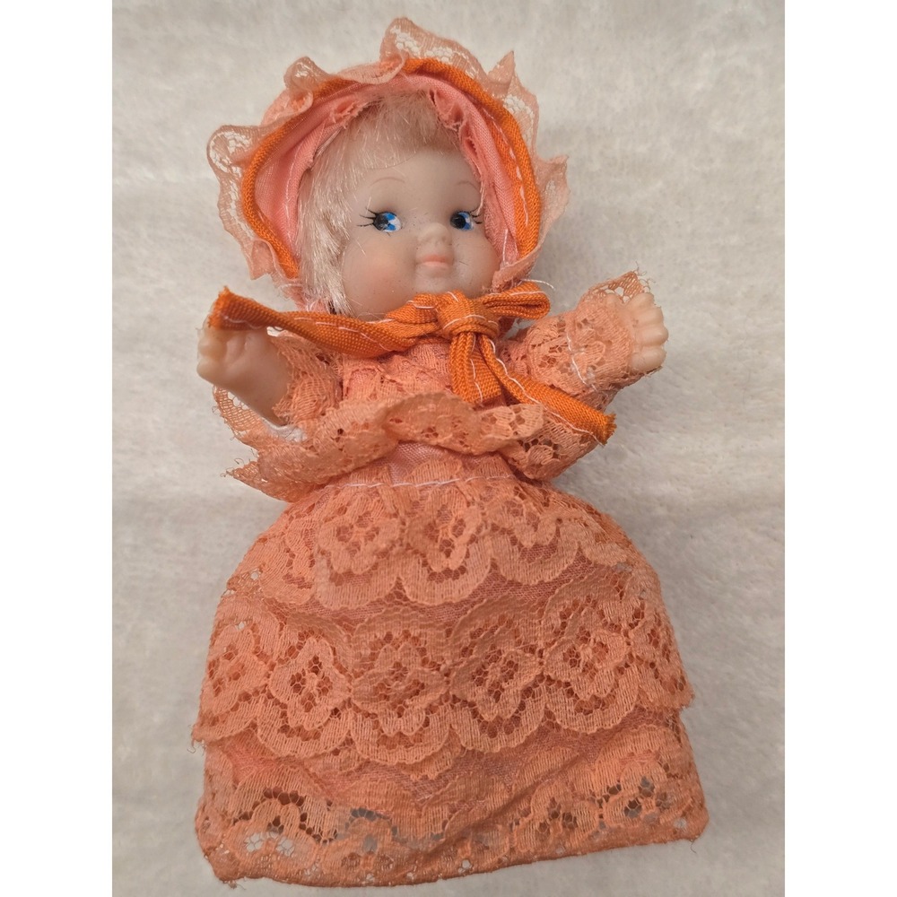 Vintage Miniature 4 Inch Baby Doll Peach Lace Dress Bonnet Blue Eyes Blonde Hair